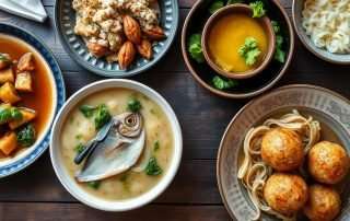 Traditional Dutch food assortment including stamppot, herring, and bitterballen on a wooden table