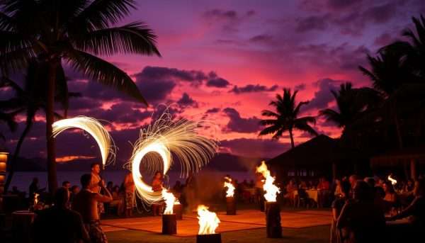 Traditional Hawaiian luau with fire dancers performing at sunset - cultural experience in our Oahu itinerary Traditional Hawaiian luau with fire dancers performing at sunset - cultural experience in our Oahu itinerary