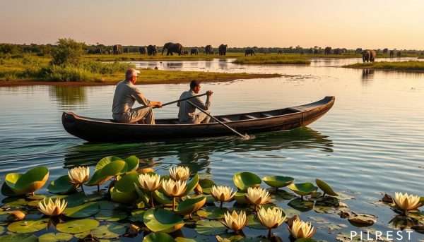 Traditional mokoro canoe gliding through water lilies in the Okavango Delta, Botswana
