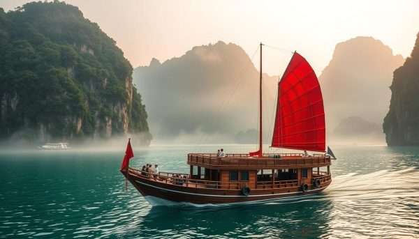 Traditional wooden junk boat sailing among limestone karsts in Ha Long Bay, Vietnam
