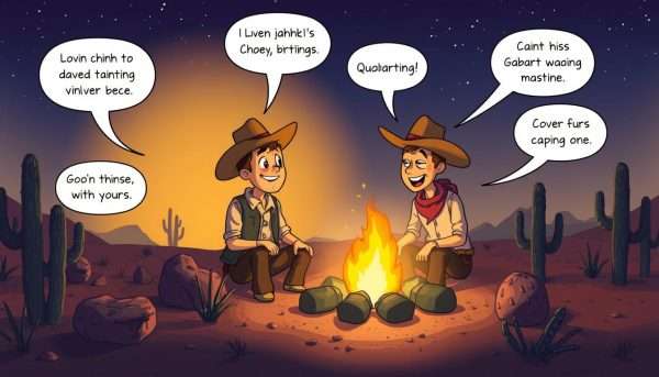 Two cowboys having a humorous conversation filled with puns around a campfire Two cowboys having a humorous conversation filled with puns around a campfire