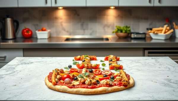 Various pizza toppings arranged to spell out a pun Various pizza toppings arranged to spell out a pun