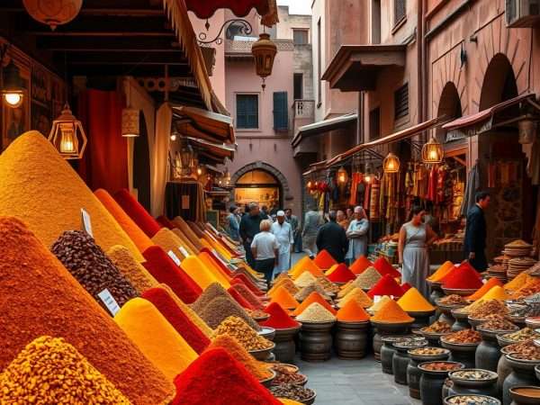 Vibrant spice market in the Medina of Marrakech with colorful displays and traditional architecture