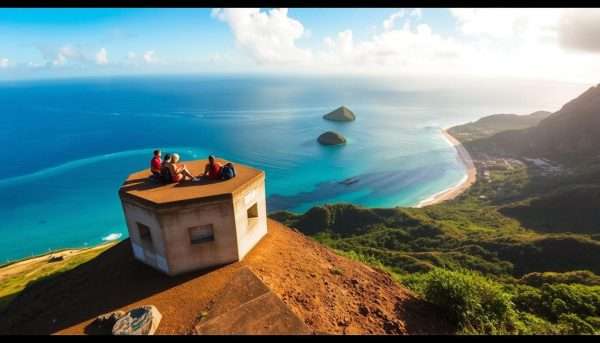 View from the Lanikai Pillbox Hike showing Kailua Bay and the Mokulua Islands - scenic viewpoint in our Oahu itinerary View from the Lanikai Pillbox Hike showing Kailua Bay and the Mokulua Islands - scenic viewpoint in our Oahu itinerary