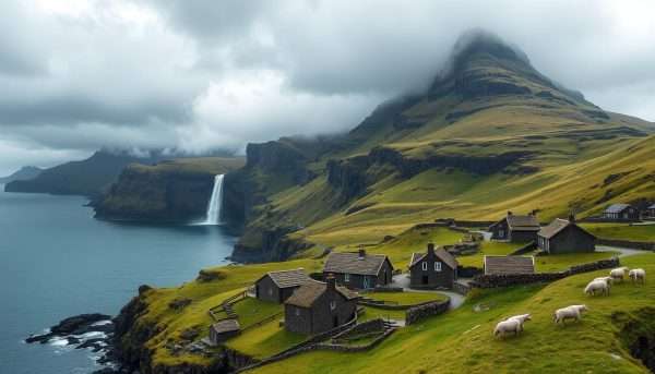 Village of Gásadalur with waterfall plunging into the sea, Faroe Islands