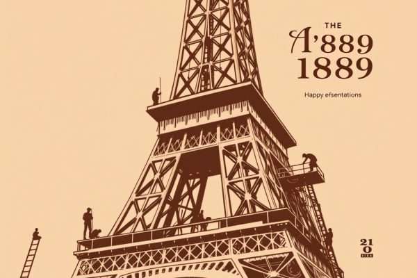 Vintage-style illustration of the Eiffel Tower construction with historical pun text