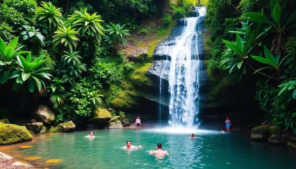 Waimea Falls surrounded by lush tropical vegetation - natural attraction in our Oahu itinerary Waimea Falls surrounded by lush tropical vegetation - natural attraction in our Oahu itinerary