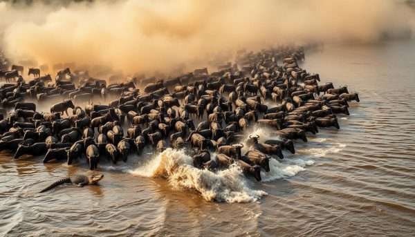 Wildebeest migration crossing the Mara River in Serengeti National Park with crocodiles waiting