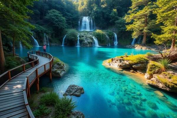 Wooden walkways winding through turquoise lakes and waterfalls at Plitvice Lakes National Park, Croatia
