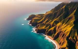 Aerial view of Kauai's Na Pali Coast showing dramatic green cliffs meeting the blue Pacific Ocean