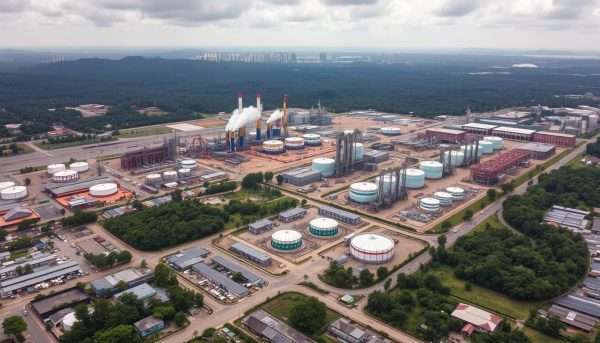 Aerial view of oil facilities near Bandar Seri Begawan, representing the economic foundation of the capital of Brunei Aerial view of oil facilities near Bandar Seri Begawan, representing the economic foundation of the capital of Brunei