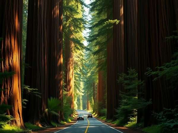 Avenue of the Giants road through massive redwood trees in Northern California