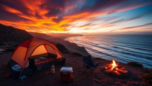 Camping setup with tent and campfire overlooking Pacific Ocean on Highway 101