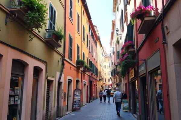 Charming street in Monti neighborhood in Rome with colorful buildings and few tourists Charming street in Monti neighborhood in Rome with colorful buildings and few tourists