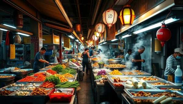 Colorful Thai street food market with various dishes and vendors - an essential experience on a 2 week Thailand itinerary Colorful Thai street food market with various dishes and vendors - an essential experience on a 2 week Thailand itinerary
