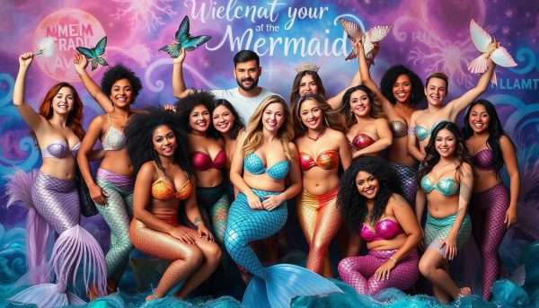 Diverse group of people with mermaid-inspired elements celebrating uniqueness Diverse group of people with mermaid-inspired elements celebrating uniqueness