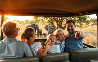 Family watching elephants during a safari in Tanzania