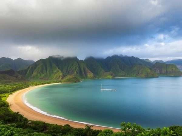 Hanalei Bay on Kauai's North Shore with mountains in background