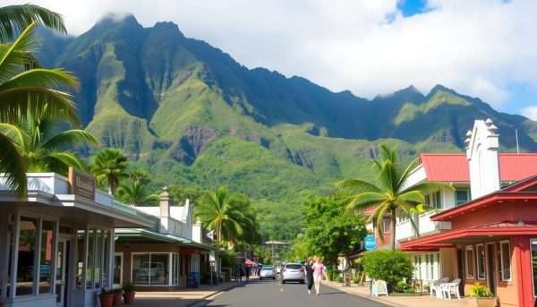 Hanalei Town on Kauai with mountains in background
