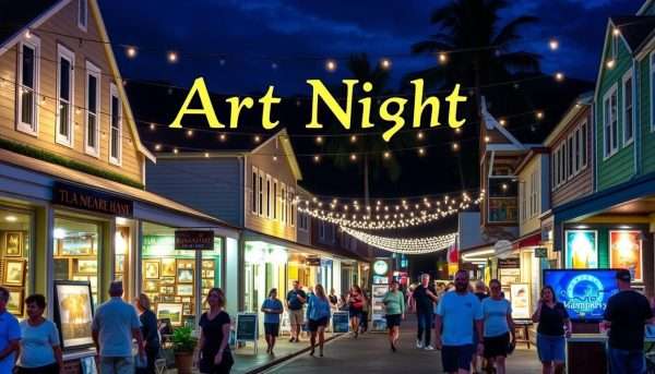 Hanapepe town on Kauai during Art Night with galleries and shops lit up