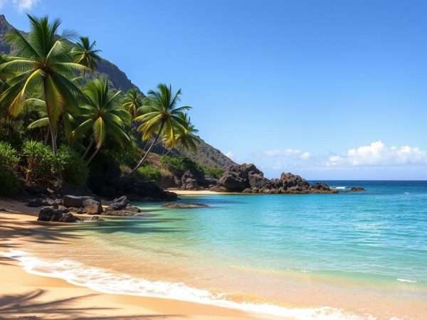 Hidden beach on Kauai with palm trees and few people