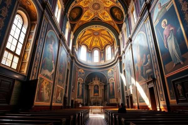 Interior of Santa Prassede church in Rome showing Byzantine mosaics with no tourists Interior of Santa Prassede church in Rome showing Byzantine mosaics with no tourists