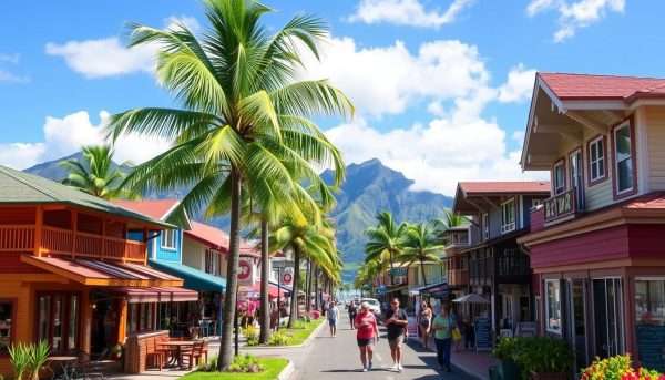 Kapaa town on Kauai with colorful shops and restaurants