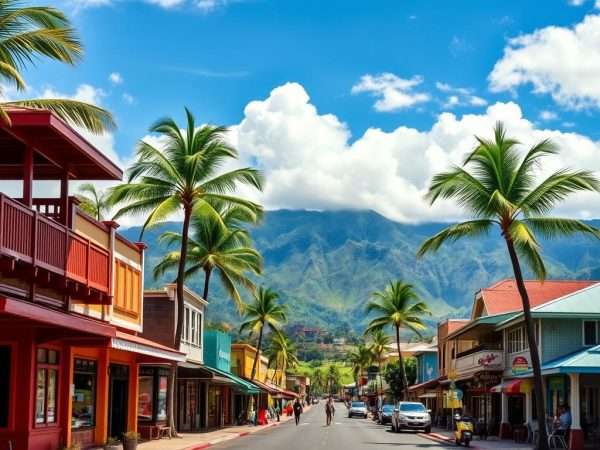 Kapaa town on Kauai's East Side with shops and mountains