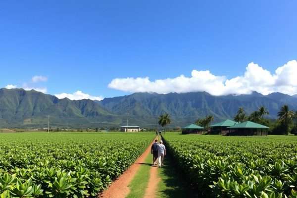 Kauai Coffee Company plantation with coffee plants and mountains