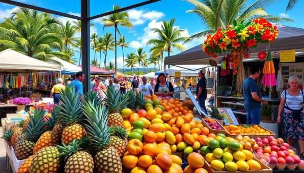 Kauai farmers market with tropical fruits and flowers