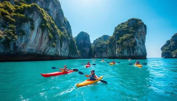 Kayaking among limestone karsts in Krabi with turquoise waters and dramatic cliffs - an adventure activity on a 2 week Thailand itinerary Kayaking among limestone karsts in Krabi with turquoise waters and dramatic cliffs - an adventure activity on a 2 week Thailand itinerary