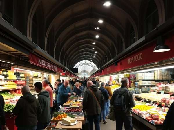 Local vendors and shoppers at Mercato Testaccio in Rome with fresh produce displays Local vendors and shoppers at Mercato Testaccio in Rome with fresh produce displays