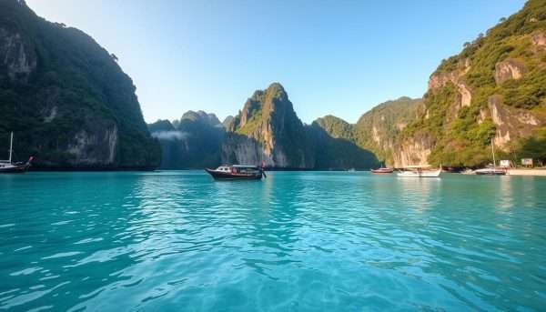 Maya Bay on Koh Phi Phi with crystal clear waters surrounded by limestone cliffs - a highlight of any 2 week Thailand itinerary Maya Bay on Koh Phi Phi with crystal clear waters surrounded by limestone cliffs - a highlight of any 2 week Thailand itinerary