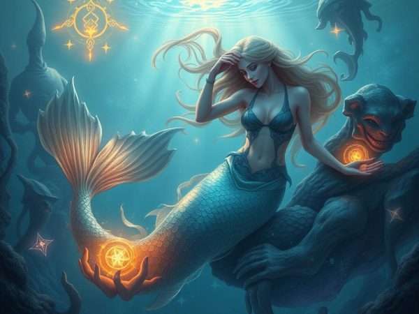 Mystical mermaid scene from fantasy literature with glowing underwater elements Mystical mermaid scene from fantasy literature with glowing underwater elements