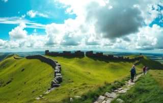 Panoramic view of Hadrian's Wall Path winding across the rolling hills of Northumberland with hikers walking along the trail