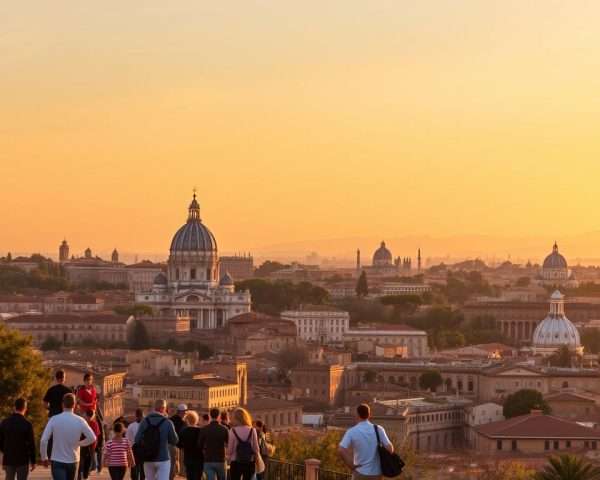 Panoramic view of Rome at sunset from a less-visited viewpoint with few tourists Panoramic view of Rome at sunset from a less-visited viewpoint with few tourists