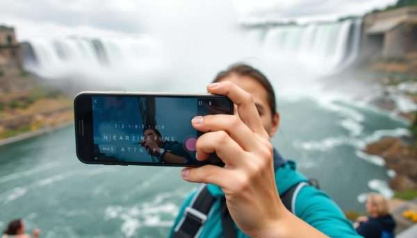 Person taking selfie at Niagara Falls with phone showing pun caption Person taking selfie at Niagara Falls with phone showing pun caption