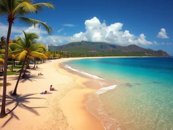 Poipu Beach on Kauai's South Shore with palm trees and clear blue water