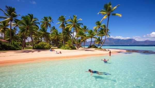 Poipu Beach on Kauai's South Shore with snorkelers and palm trees