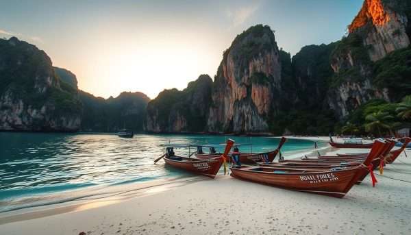 Railay Beach in Krabi with dramatic limestone cliffs, longtail boats, and turquoise water - a stunning destination in a 2 week Thailand itinerary Railay Beach in Krabi with dramatic limestone cliffs, longtail boats, and turquoise water - a stunning destination in a 2 week Thailand itinerary