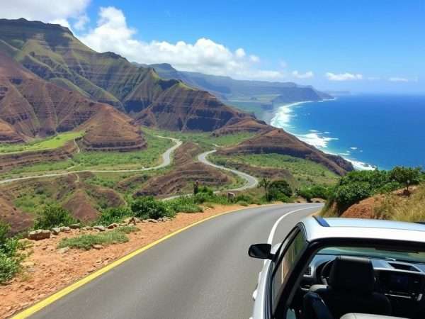 Rental car on Kauai's scenic coastal road