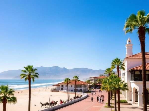 Santa Barbara beach promenade with palm trees and Spanish architecture