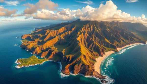 Scenic view of Kauai's diverse landscape with mountains, beaches, and waterfalls
