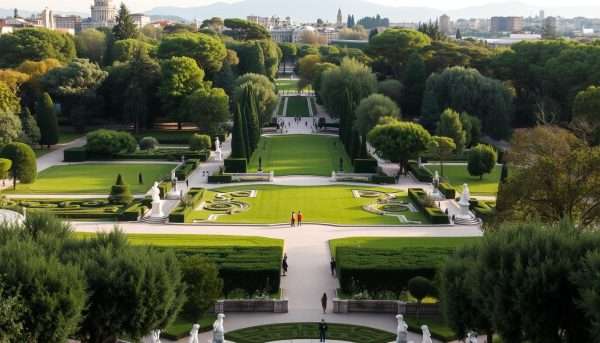 Serene view of Villa Borghese gardens in Rome with few visitors Serene view of Villa Borghese gardens in Rome with few visitors