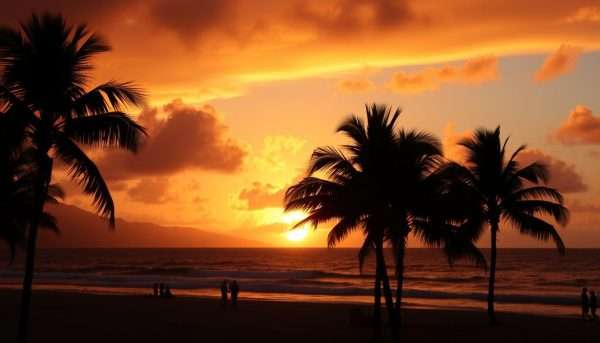 Sunset at Poipu Beach on Kauai with silhouettes of palm trees