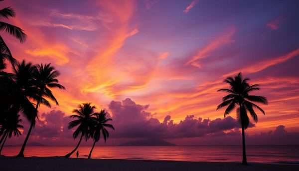 Sunset over a Thai beach with silhouettes of palm trees - a perfect ending image for a 2 week Thailand itinerary article Sunset over a Thai beach with silhouettes of palm trees - a perfect ending image for a 2 week Thailand itinerary article