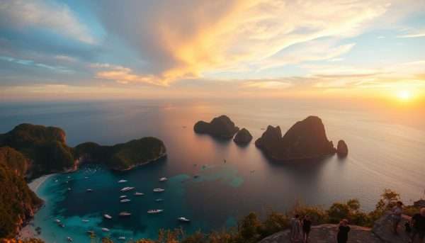 Sunset view from Koh Phi Phi viewpoint showing the twin bays and isthmus - a perfect ending to a 2 week Thailand itinerary Sunset view from Koh Phi Phi viewpoint showing the twin bays and isthmus - a perfect ending to a 2 week Thailand itinerary