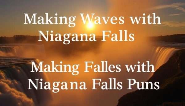 Sunset view of Niagara Falls with rainbow and text overlay Sunset view of Niagara Falls with rainbow and text overlay