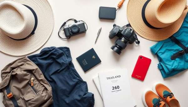 Travel essentials laid out for packing for a 2 week Thailand itinerary including lightweight clothing, camera, and travel documents Travel essentials laid out for packing for a 2 week Thailand itinerary including lightweight clothing, camera, and travel documents