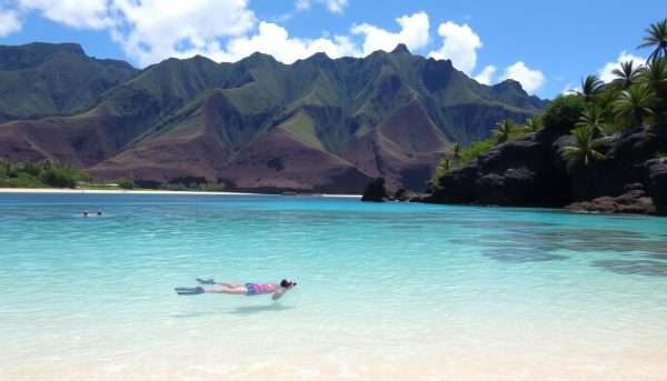 Tunnels Beach on Kauai's North Shore with mountain backdrop